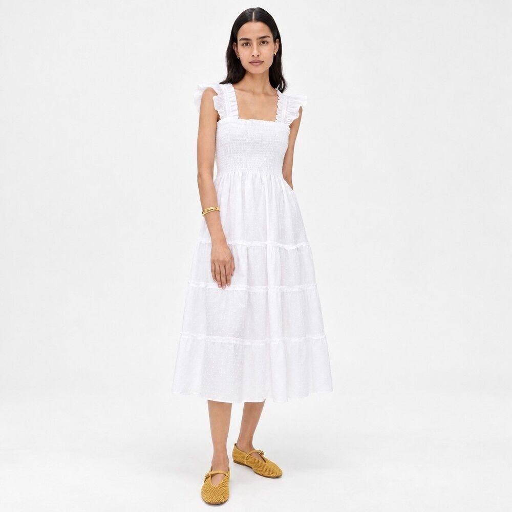 Hill House Home The Ellie Nap Dress Sz XS White Swiss Dot Smocked Midi Dress NWT